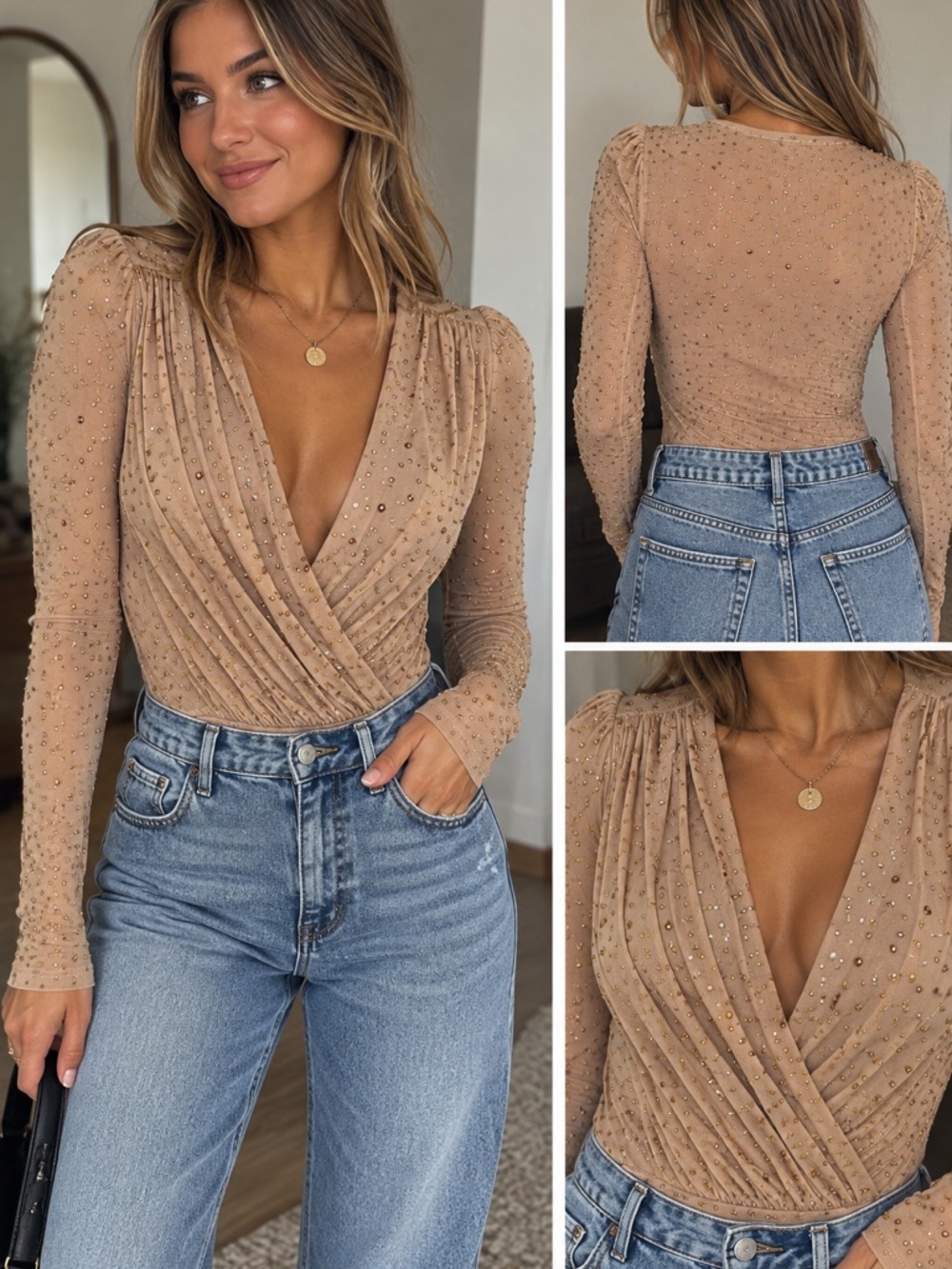 ✨ Windsor Rhinestone Mesh Bodysuit – XS Beaded Nude